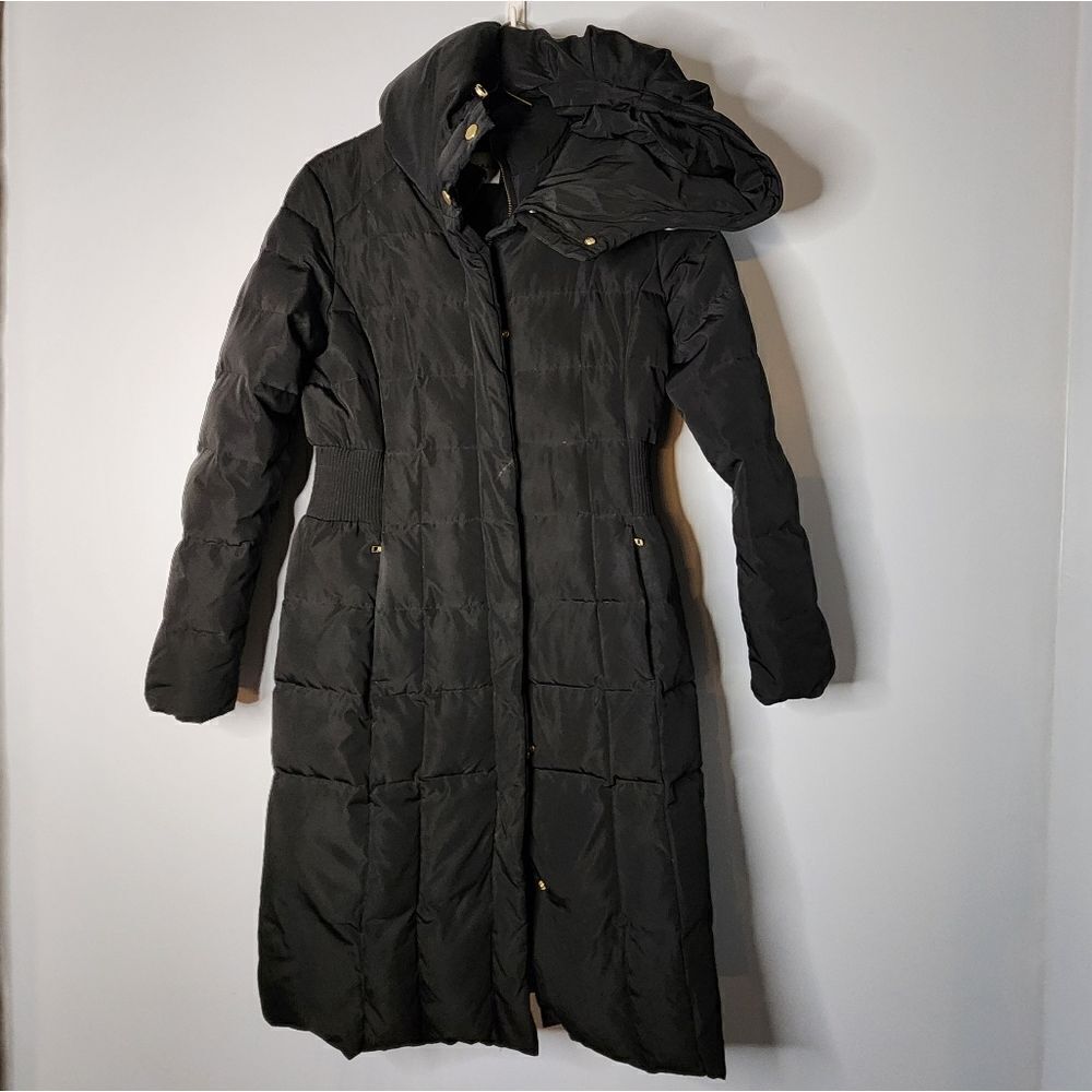 COLE HAAN Signature long line Women's Box-Quilt Down Coat With Bib Front Hood S
